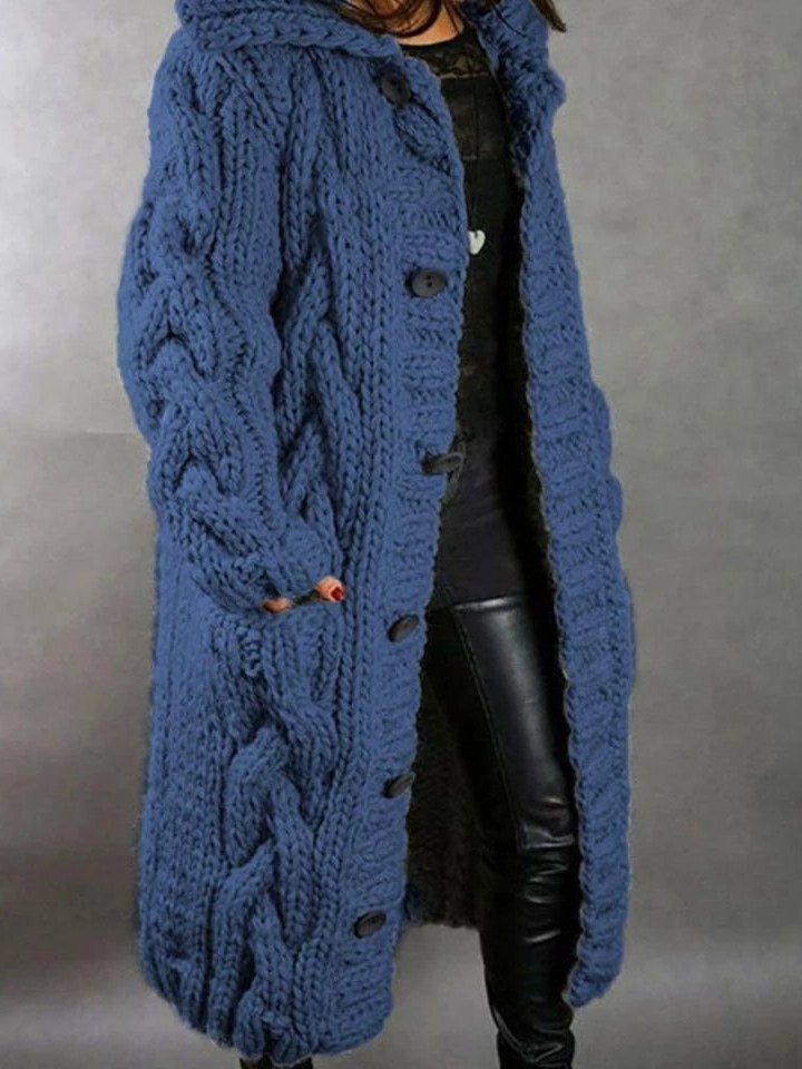 Vida | Women's Oversized Cable-Knit Button Cardigan - Blue — detail