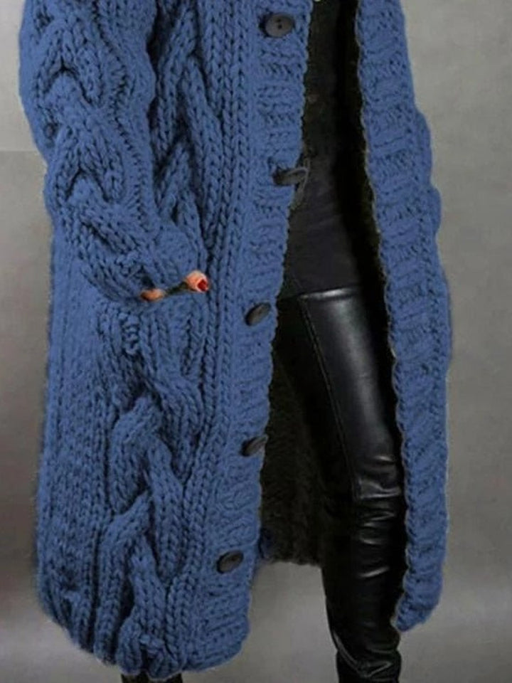 Vida | Women's Oversized Cable-Knit Button Cardigan - Blue — fabric