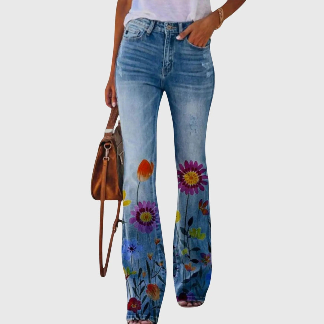 Hazel | Women's Floral Print High-Waist Flare Trousers - Blue Floral