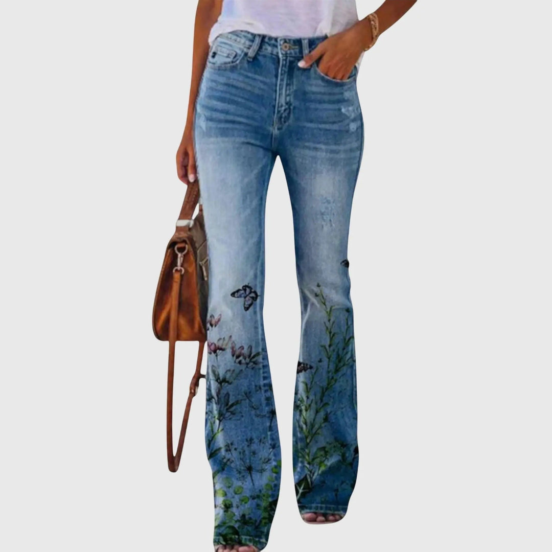 Hazel | Women's Floral Print High-Waist Flare Trousers - Blue Floral