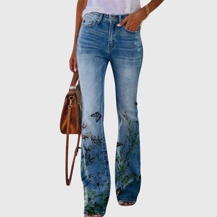 Hazel | Women's Floral Print High-Waist Flare Trousers - Blue Floral