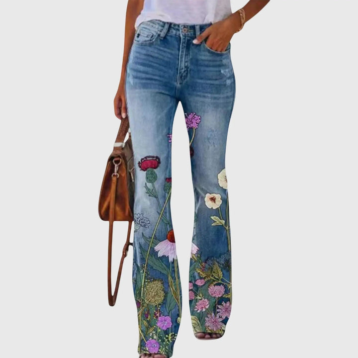 Hazel | Women's Floral Print High-Waist Flare Trousers - Blue Floral