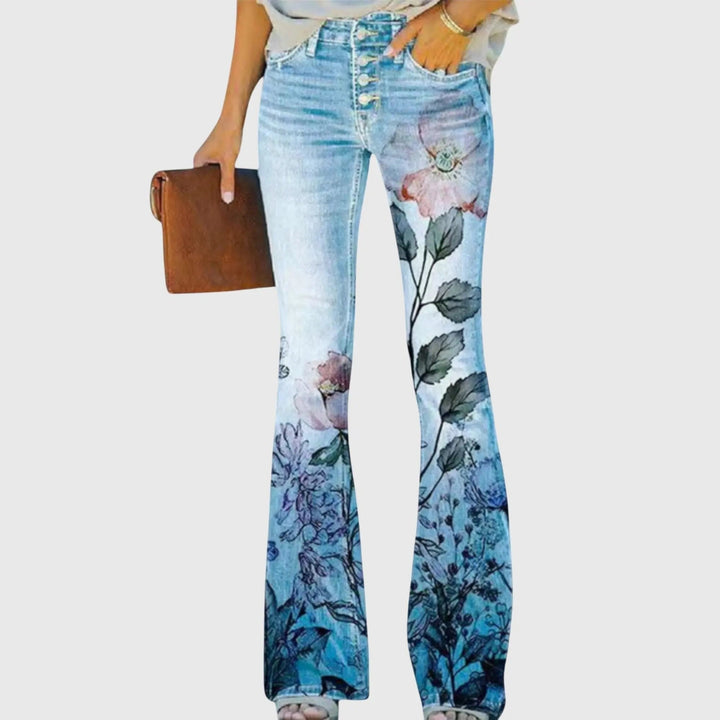 Hazel | Women's Floral Print High-Waist Flare Trousers - Blue Floral
