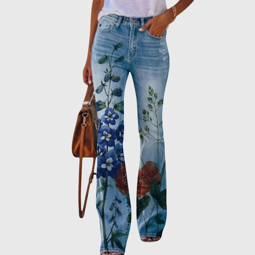 Hazel | Women's Floral Print High-Waist Flare Trousers - Blue Floral
