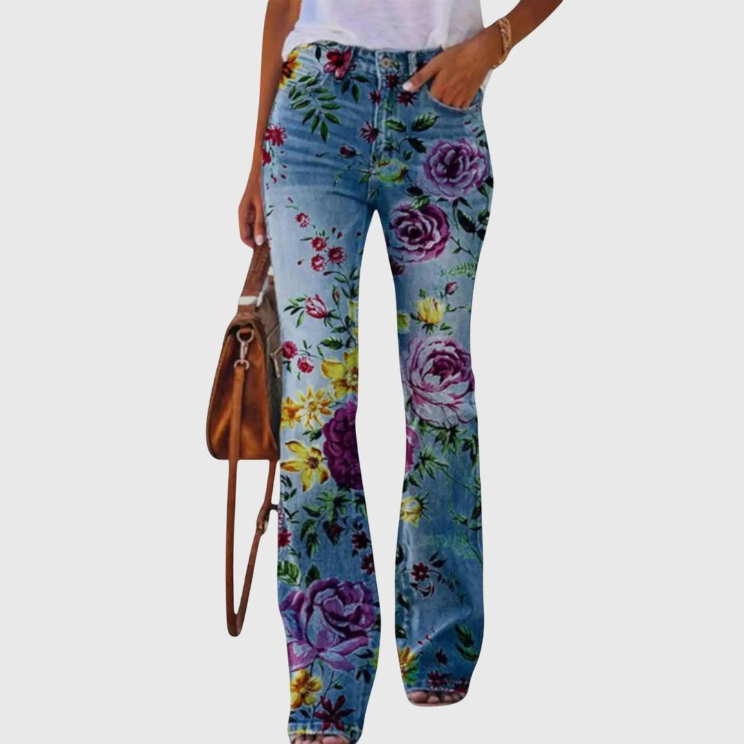 Hazel | Women's Floral Print High-Waist Flare Trousers - Blue Floral