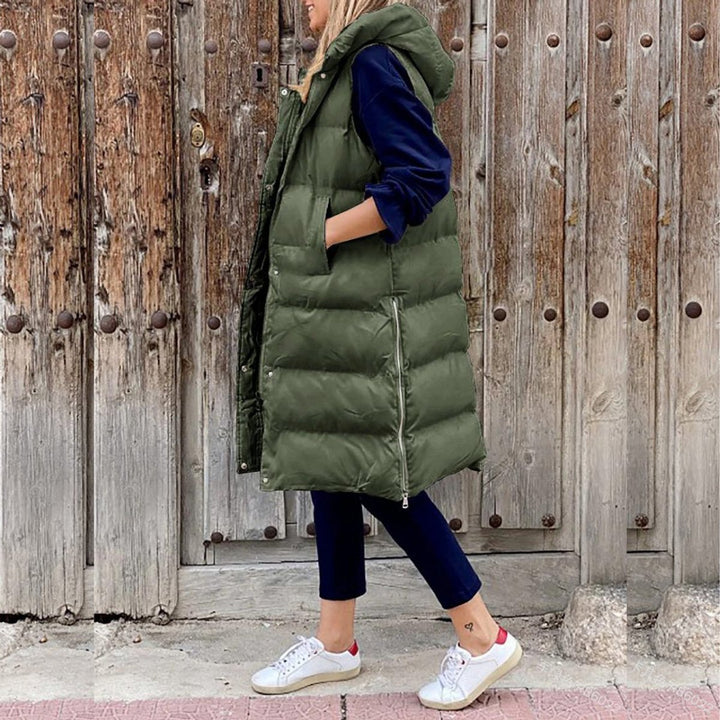Petra | Women's Long Hooded Quilted Gilet - Army Green