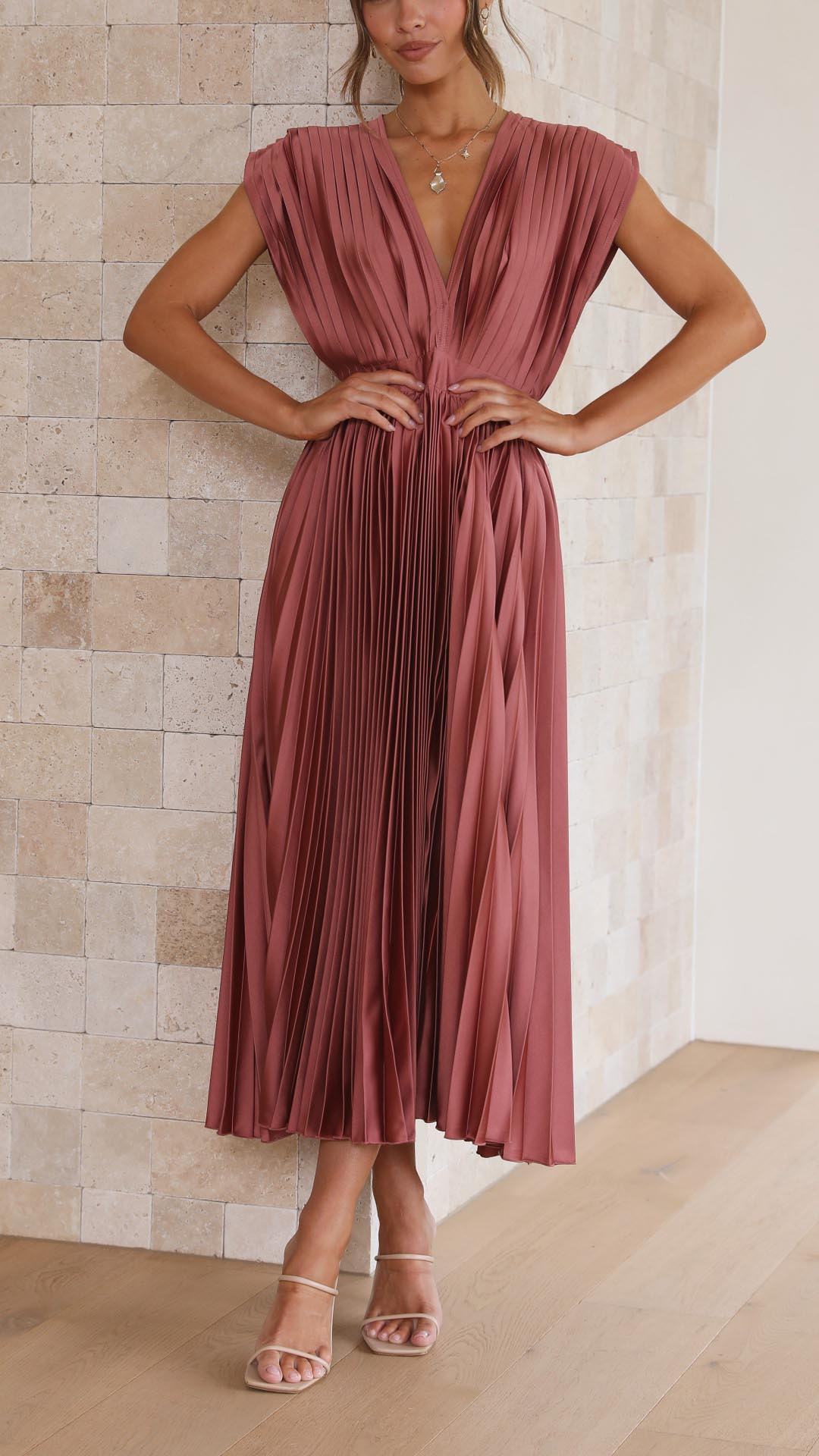Greta | Women's Pleated V-Neck Midi Dress - Antique Pink