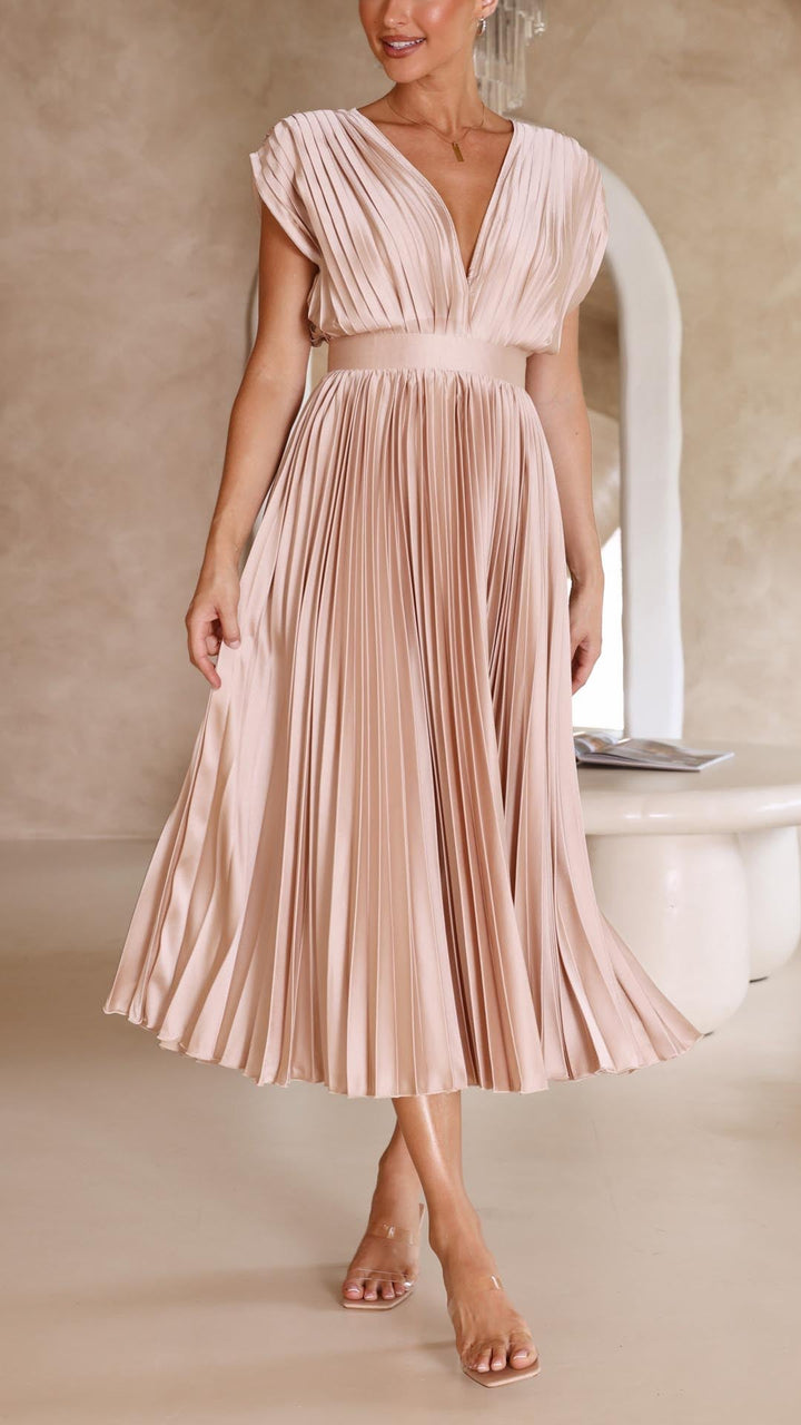 Greta | Women's Pleated V-Neck Midi Dress - Antique Pink