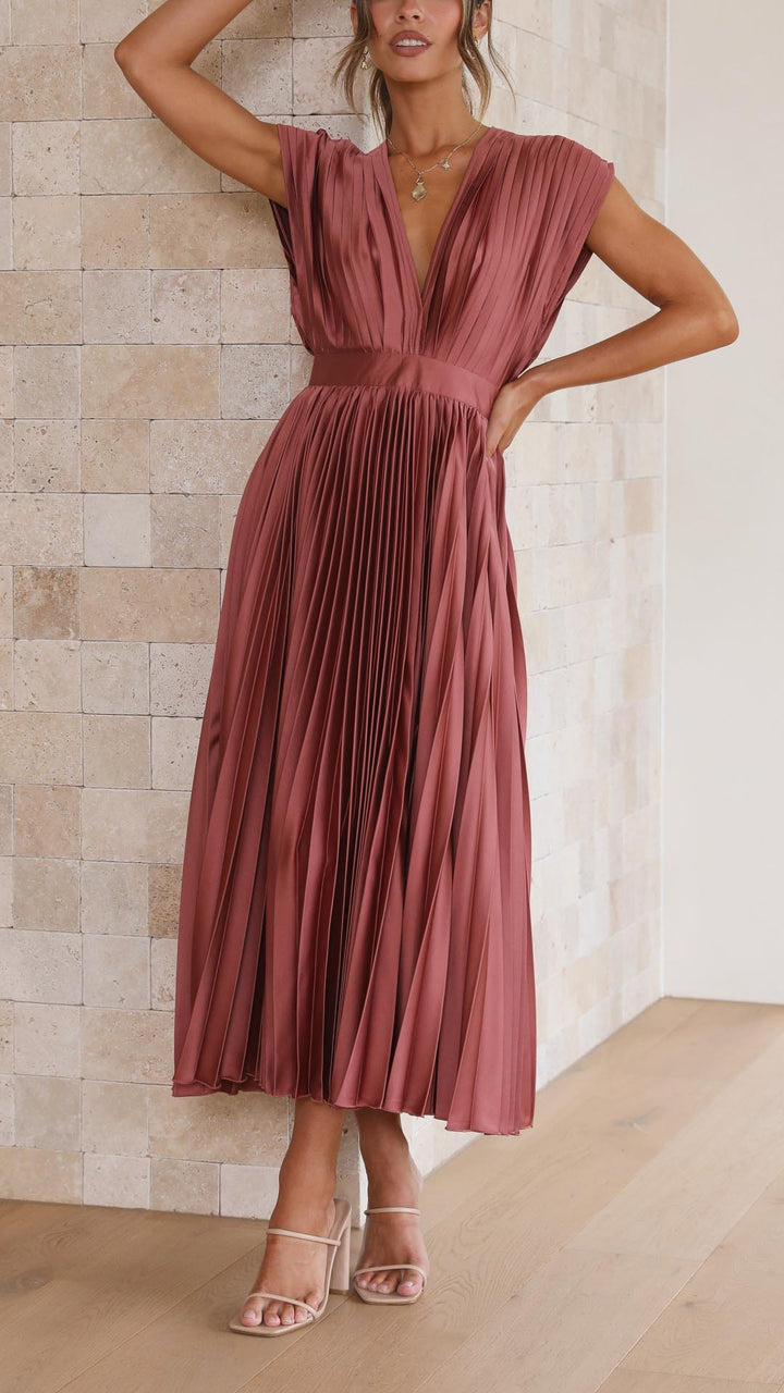 Greta | Women's Pleated V-Neck Midi Dress - Antique Pink