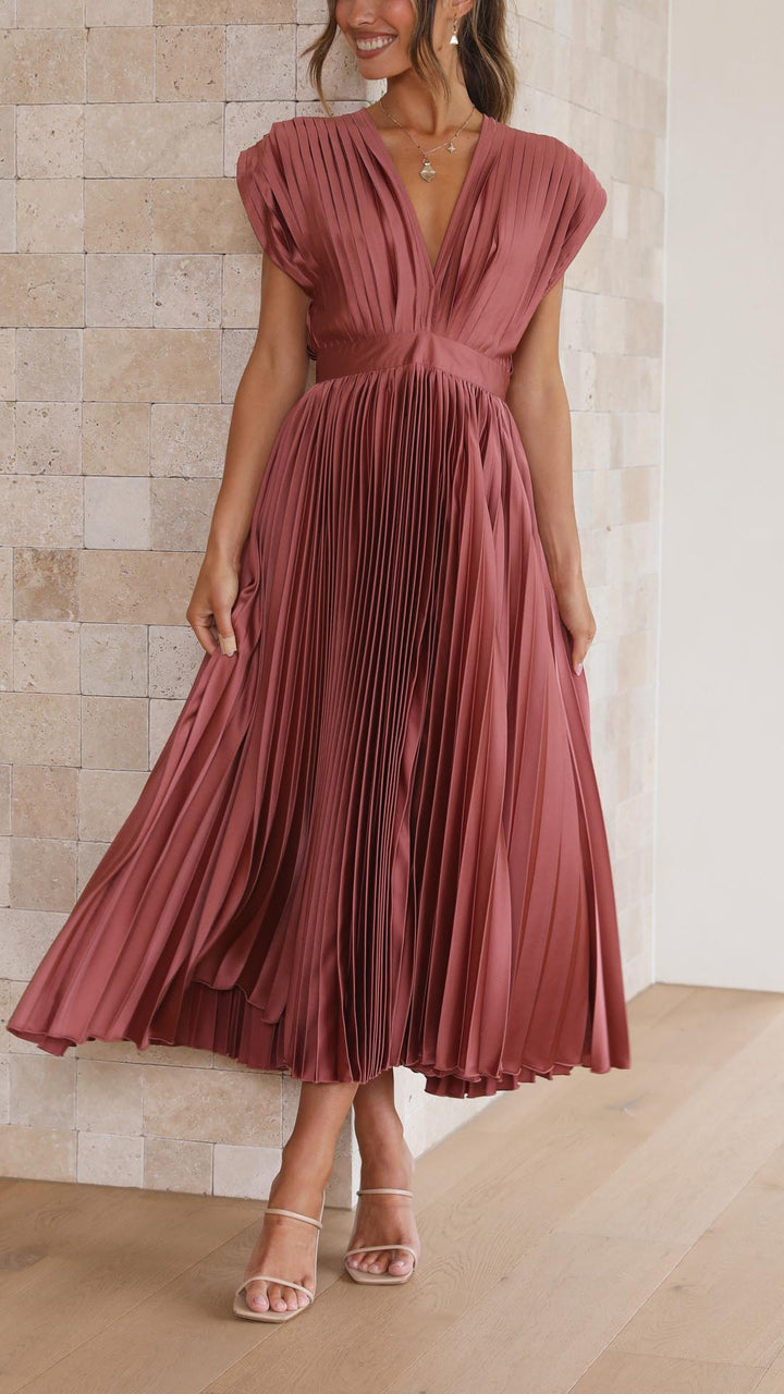 Greta | Women's Pleated V-Neck Midi Dress - Antique Pink