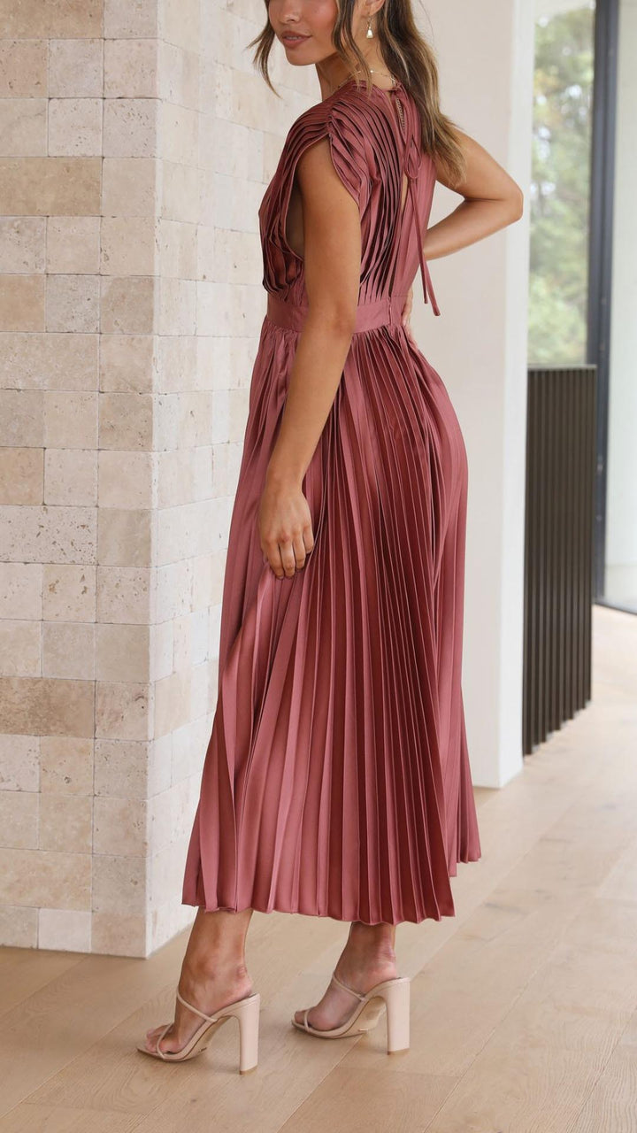 Greta | Women's Pleated V-Neck Midi Dress - Antique Pink
