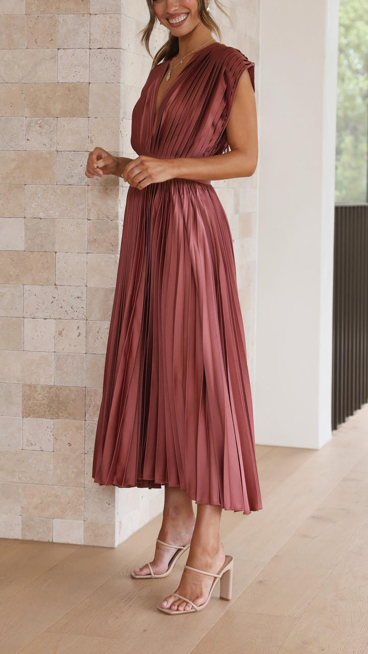 Greta | Women's Pleated V-Neck Midi Dress - Antique Pink