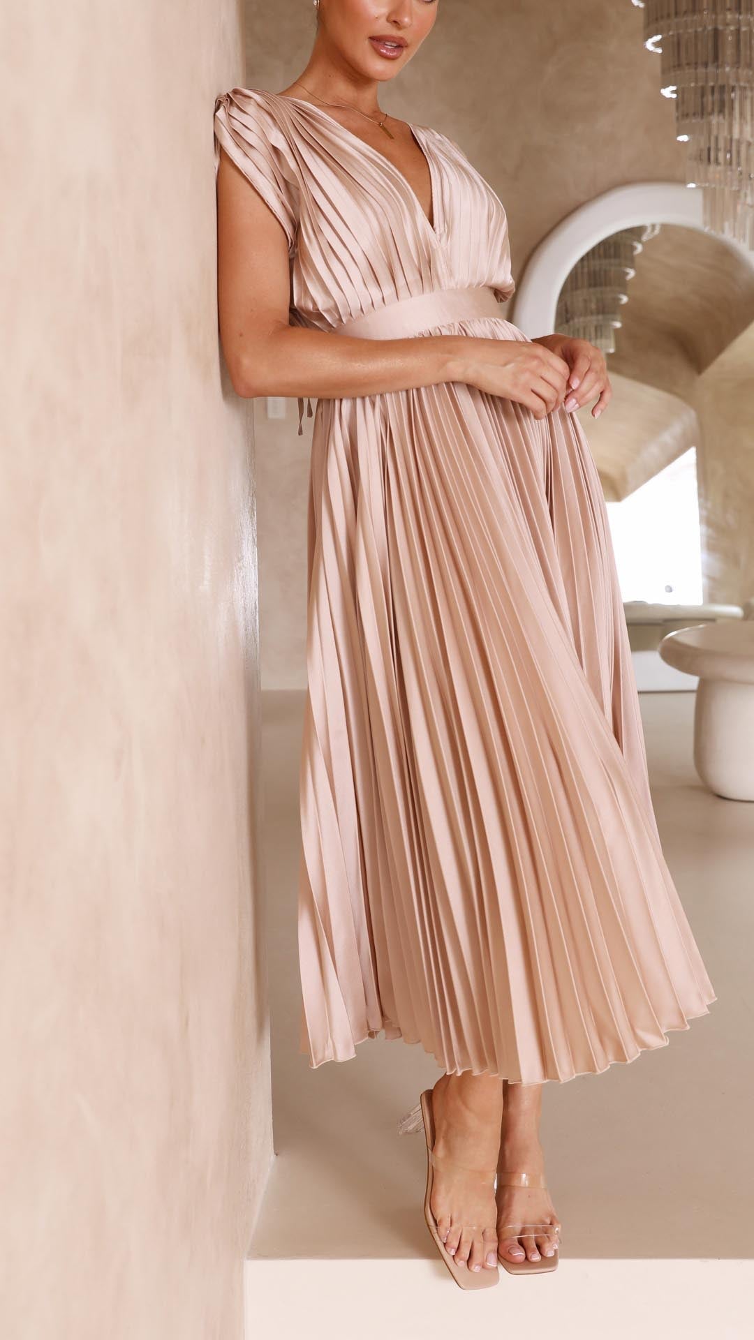 Greta | Women's Pleated V-Neck Midi Dress - Antique Pink