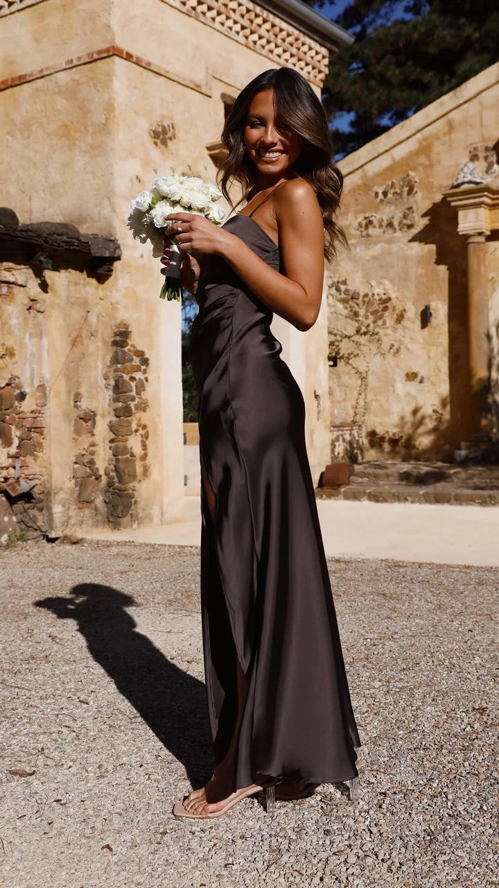 Nell | Women's Satin Slip Cowl-Neck Maxi Dress - Rust